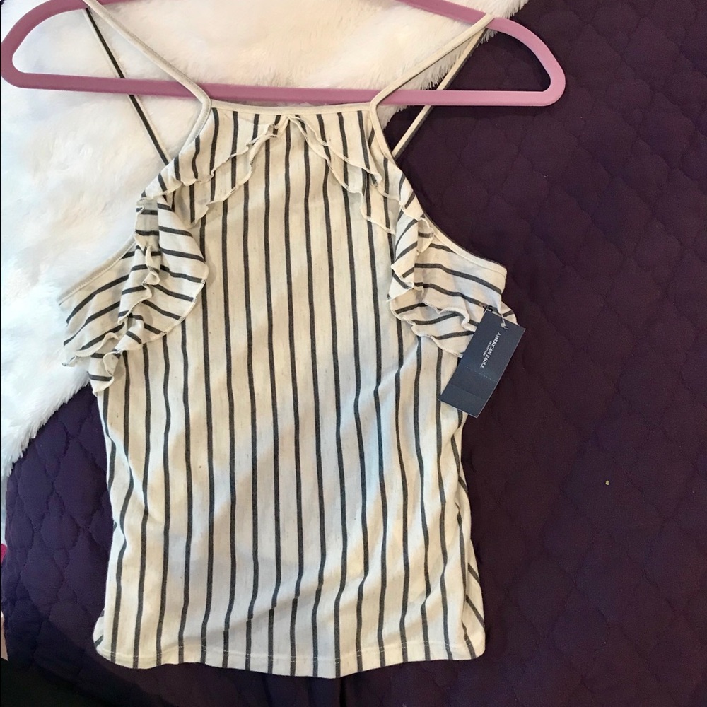 Cream and Charcoal High-Neck Ruffle Tank
